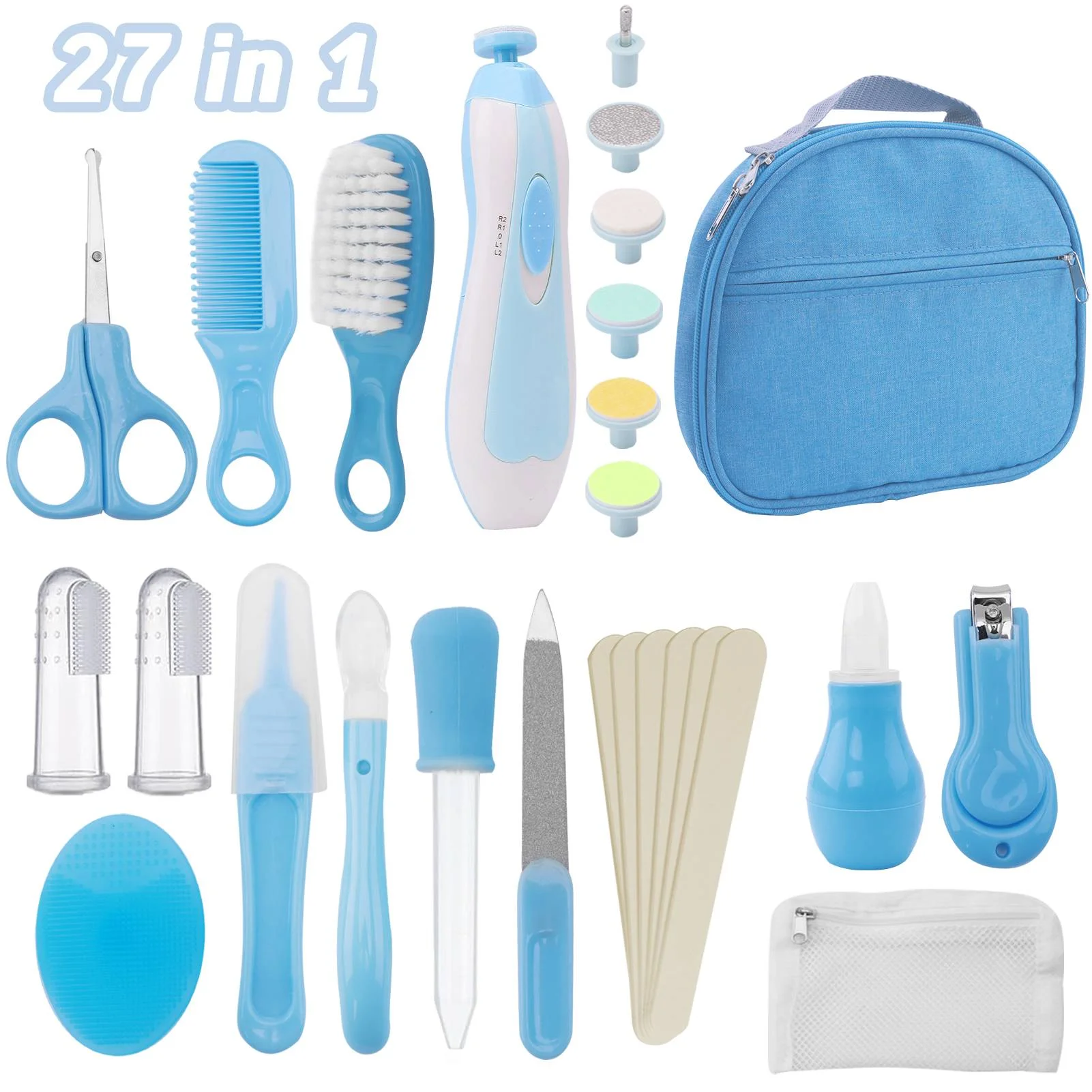 Yalumo Baby Healthcare and Grooming Kit,27 in 1 Portable Baby Grooming Kit with Electric Nail Trimmer and Hair Brush Comb,Baby Essentials Cleaning Set for Newborn Nursery Infant Toddlers,Blue.