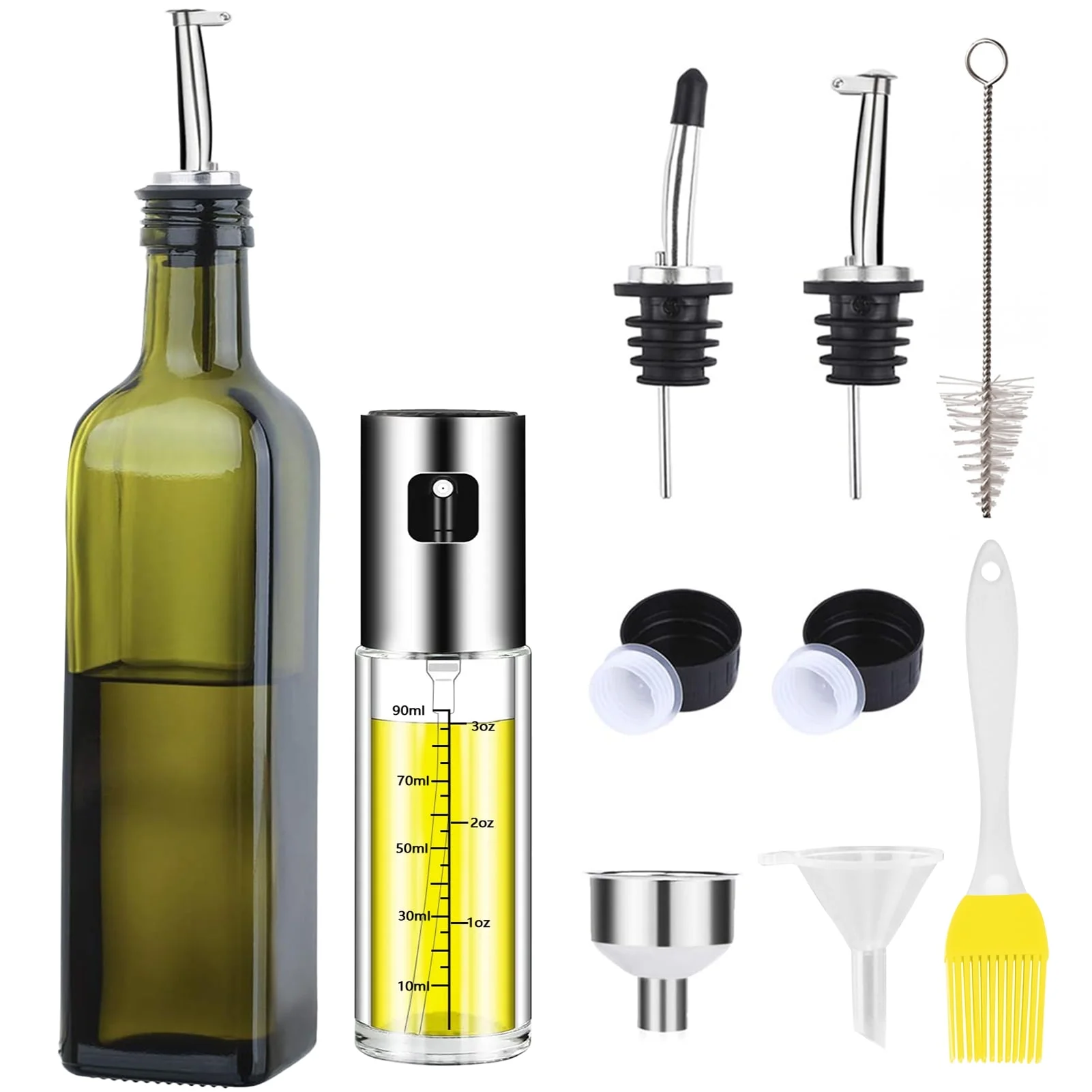 Aovky Olive Oil Dispenser Bottle and Oil Sprayer Bottle Set for Kitchen Cooking, 17.6 Oz Green Oil and Vinegar Cruet with Drip-Free Stainless Steel Spout and 100 ML Oil Spray with Measurements