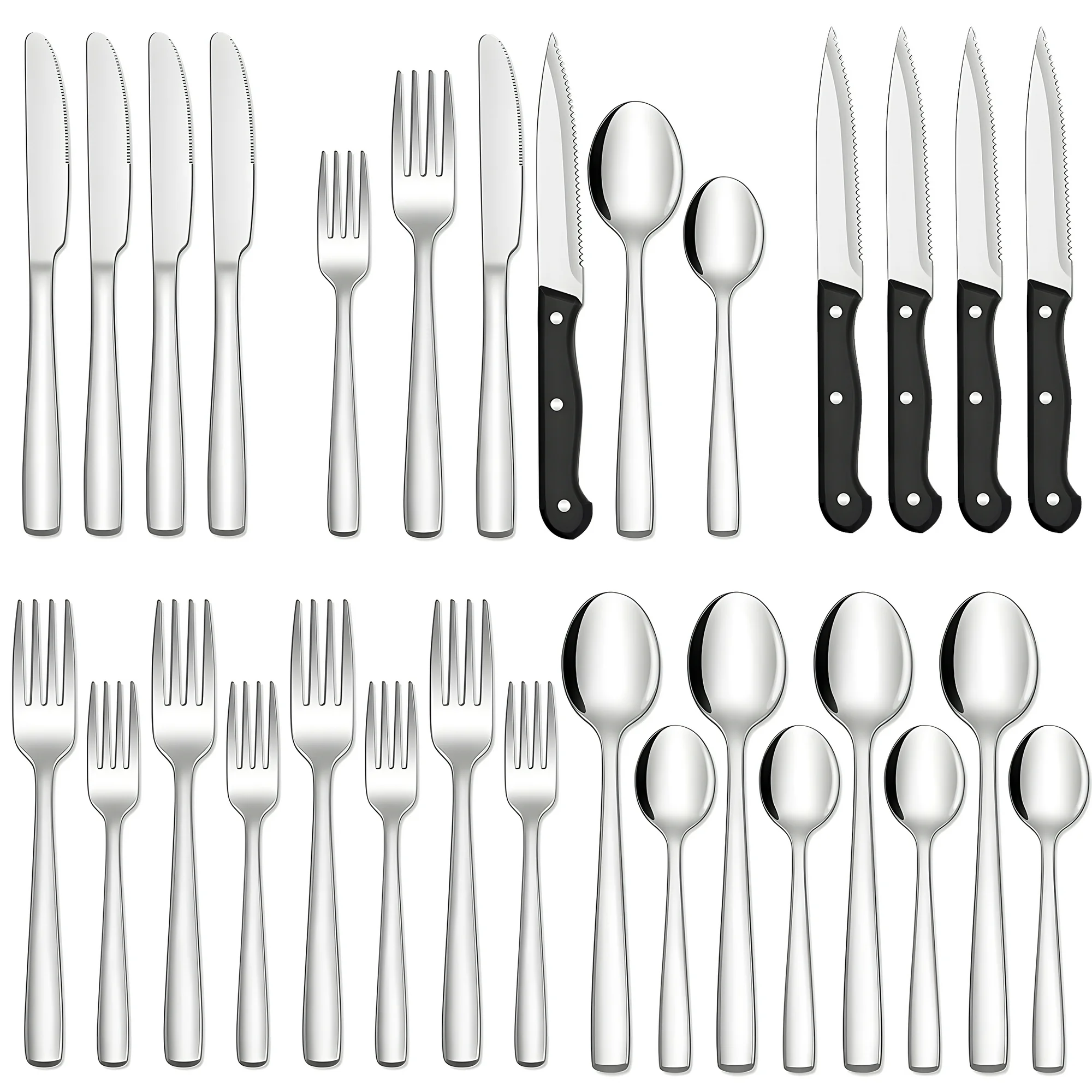 Aovky 24 Pcs Silverware Set with Steak Knives Service for 4, Premium Stainless Steel Flatware Set for Home Kitchen, Mirror Finished Utensil Sets Includes Spoons Forks Knives