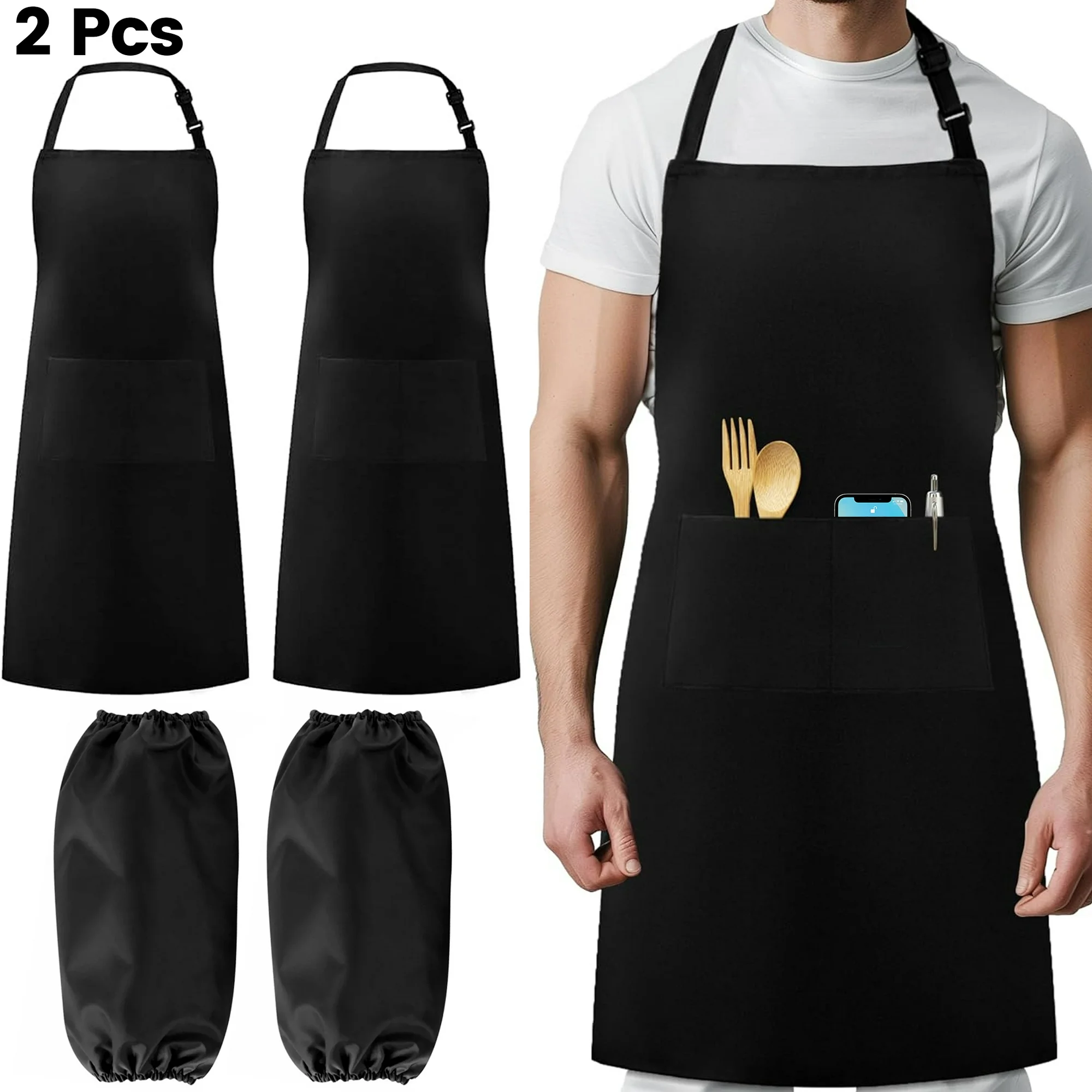 Aovky 2 Pack Chef Apron, Adjustable Bib Apron for Cooking with 2 Pockets Water and Oil Resistant Kitchen Apron for Women Men Crafting BBQ Drawing, Black