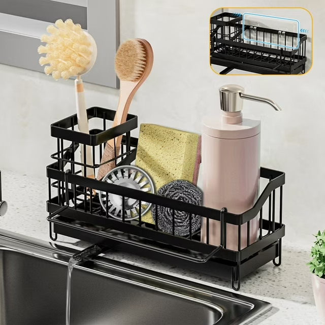 Aovky Sponge Holder for Kitchen Sink, Sink Caddy with High Brush Holder, 360°Self Drain Kitchen Sponge Caddy Organizer with Removable Dishcloth Rack for Countertop Storage Dish Soap Dispenser