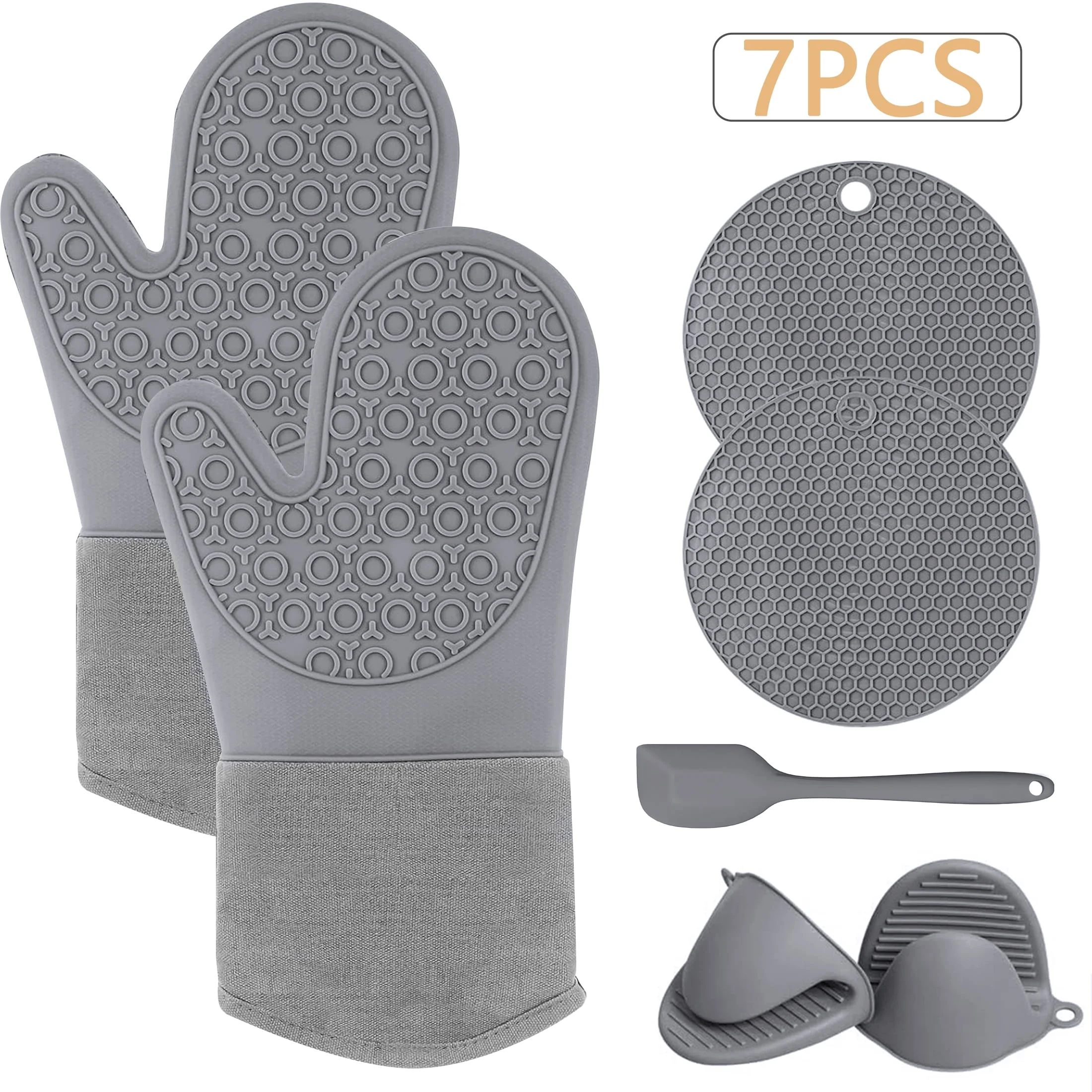 Aovky Oven Mitts and Pot Holders Sets, 7 Pcs Non-Slip Heat Resistant Silicone Oven Mitts with Mini Oven Gloves Hot Pads Potholders and Spatula for Baking Cooking, Gray