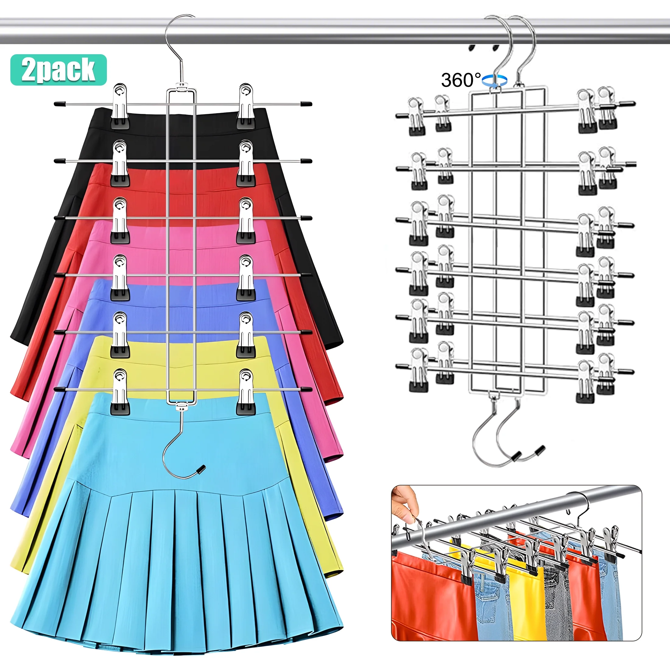 Aovky 2 Pack Skirt Hangers with Adjustable Non Slip Clips and 360 Degree Swivel Hook, 6 Tiers Metal Pants Hangers Space Saving for Closet Organizers and Storage, College Dorm Room Essentials