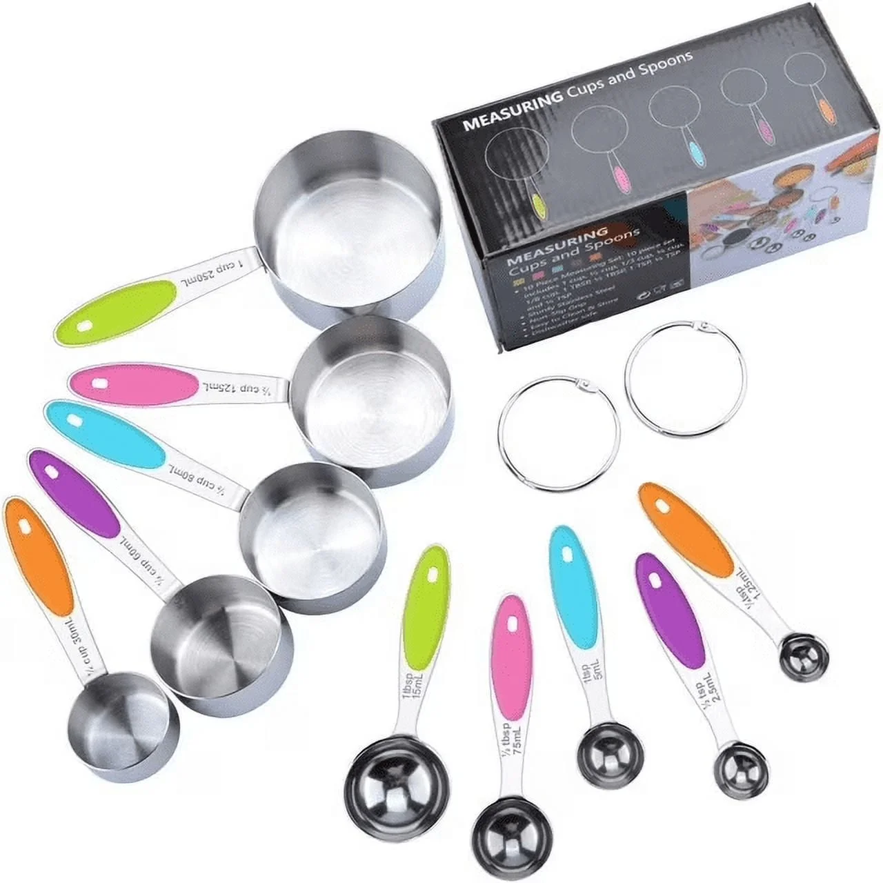 Measuring Cups and Spoons Set of 15, Heavy Duty Stainless Steel Kitchen Measuring Tool with Colored Silicone Handle, Including 5 Nesting Measuring Cups, 5 Spoons, 5 Mini Spoons for Cooking Baking