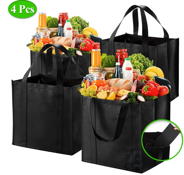 Yalumo 4 Pack Reusable Grocery Bags, Large Foldable Reusable Shopping Bags Bulk Heavy Duty Tote Bag with Reinforced Bottom & Long Handles Washable Shopping Bags for Groceries, Black