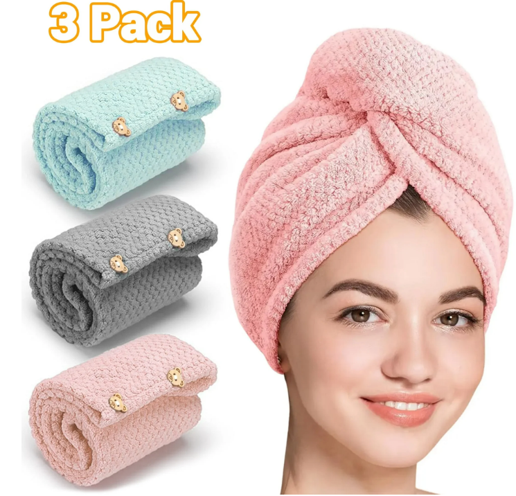 Yalumo Microfiber Hair Towel 3 Pack, Hair Towel Wrap for Women Quick Dry Hair Turban for Wet Hair Anti Frizz, Super Absorbent Head Towels Wrap for Curly, Long & Thick Hair (Blue,Grey,Pink)