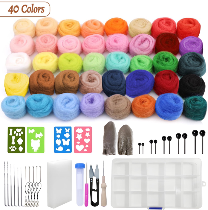 Yalumo Needle Felting Kit for Beginners, Wool Roving 40 Colors Set Complete Wool Felt Tools for Felted Animal Needle Felting Starter Kit For DIY Craft Needle Felting Supplies