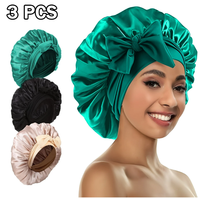 Yalumo Silk Bonnet for Sleeping, 3 Pcs Women Satin Bonnet Non-Slip Silk Cap with Elastic Wide Band for Curly Hair Long Hair