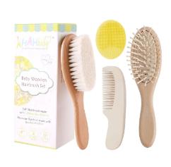 SUSANIA Baby Hair Brush and Comb Set for Newborn and Toddlers, Natural Wooden Baby Hair Brush Set