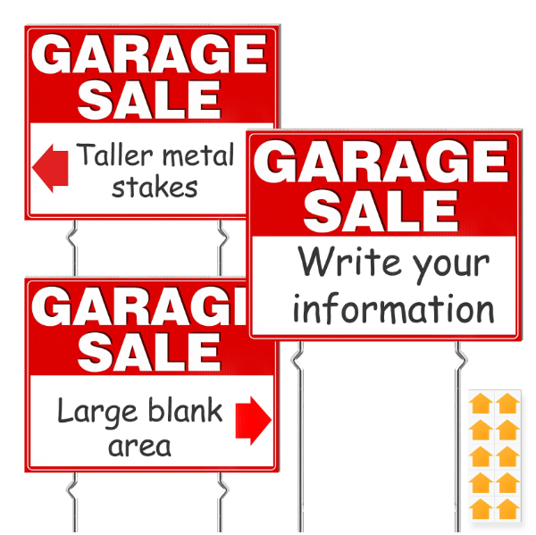 Remiawy Garage Sale Signs, 3 Pcs Garage Sale Signs with Metal Stakes Double Sided Large 17x13 Inch Corrugated Plastic Yard Sale Signs