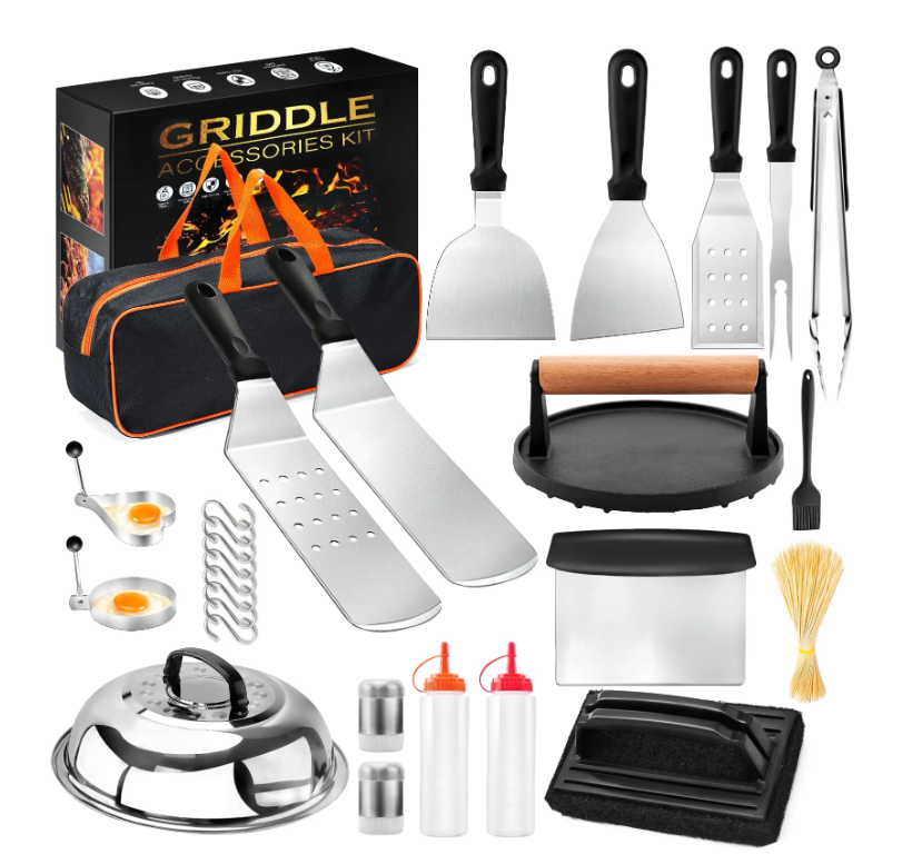 Griddle Accessories Kit, cyrico 127 Pcs Flat Top Grill Accessories for Blackstone and Camp Chef, Grill Spatula Set with Enlarged Spatulas, Basting Cover, Scraper, Burger Press, Carry Bag for Outdoor