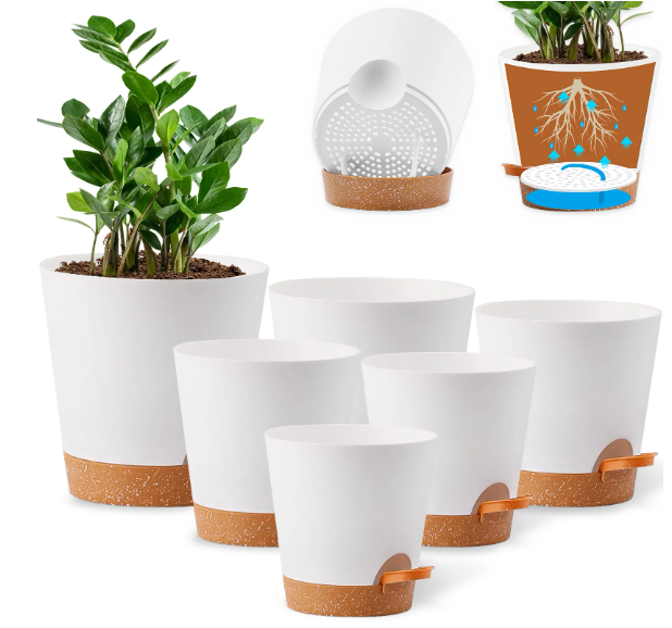 Remiawy Self Watering Plant Pots with Drainage Hole, 8/7/6.5/6/5.5/5 Inch Self Watering Planters for Indoor Outdoor Plants , White Plastic Flower Pots 6 Packs