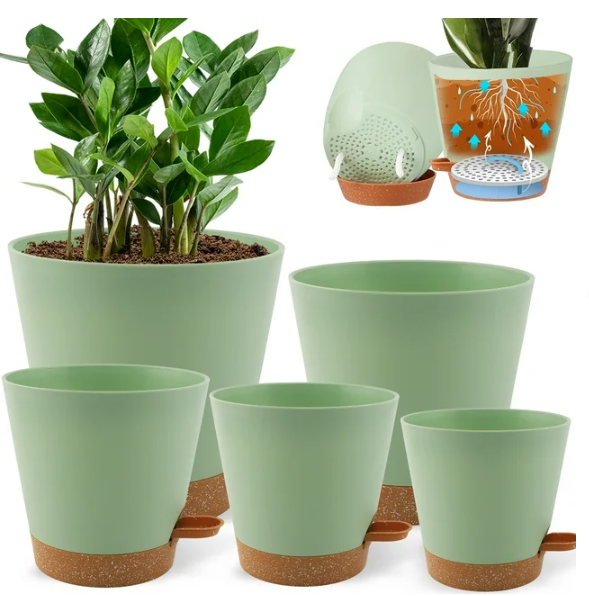 Fabulas Self Watering Planters, 7/6.5/6/5.5/5 Inch Self Watering Plant Pots with Drainage Hole for Indoor and Outdoor Plants, 5 Pack, Green