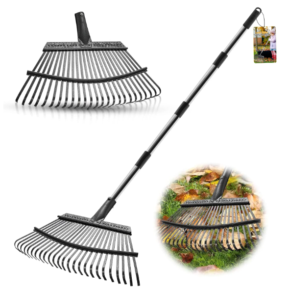 Remiawy Rake for Leaves, 73 inch Adjustable Long Handle Garden Leaf Rake 18 inch Wide Heavy Duty Leaf Rake with 25 Metal Tines for Lawns Yard Shrubs Grass Gardening Camping Garbage Thatch