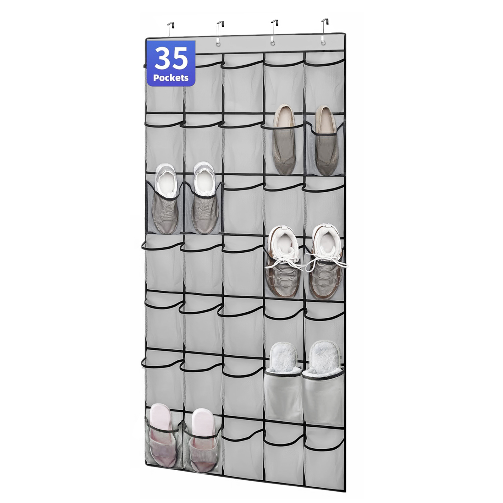 35 Pockets Over The Door Shoe Organizer, Hanging Shoe Organizer Mesh Pocket, Space Saving Shoe Rack Organizer for Closet Door Storage Shoe Holder for Sneakers, Gray