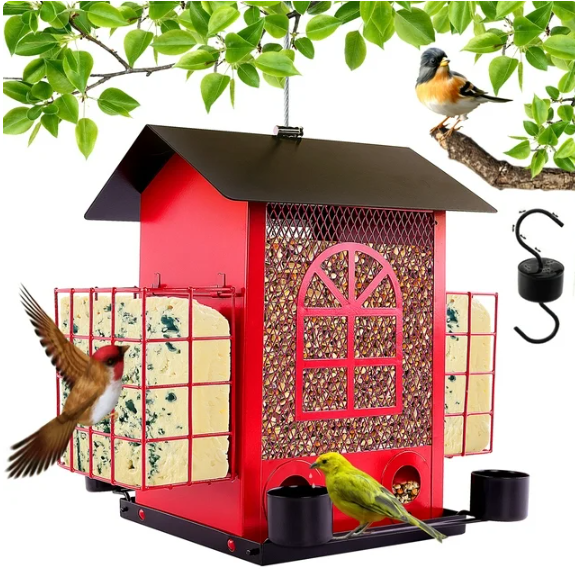 cyrico Bird Feeders for Outdoors Hanging, Wild Bird Feeder for Outside Squirrel Proof All Metal Bird House Feeder with Doublue Suet Cages and 4 Water Feeders, 3.7Lb Large Capacity, Ant Moat Hook