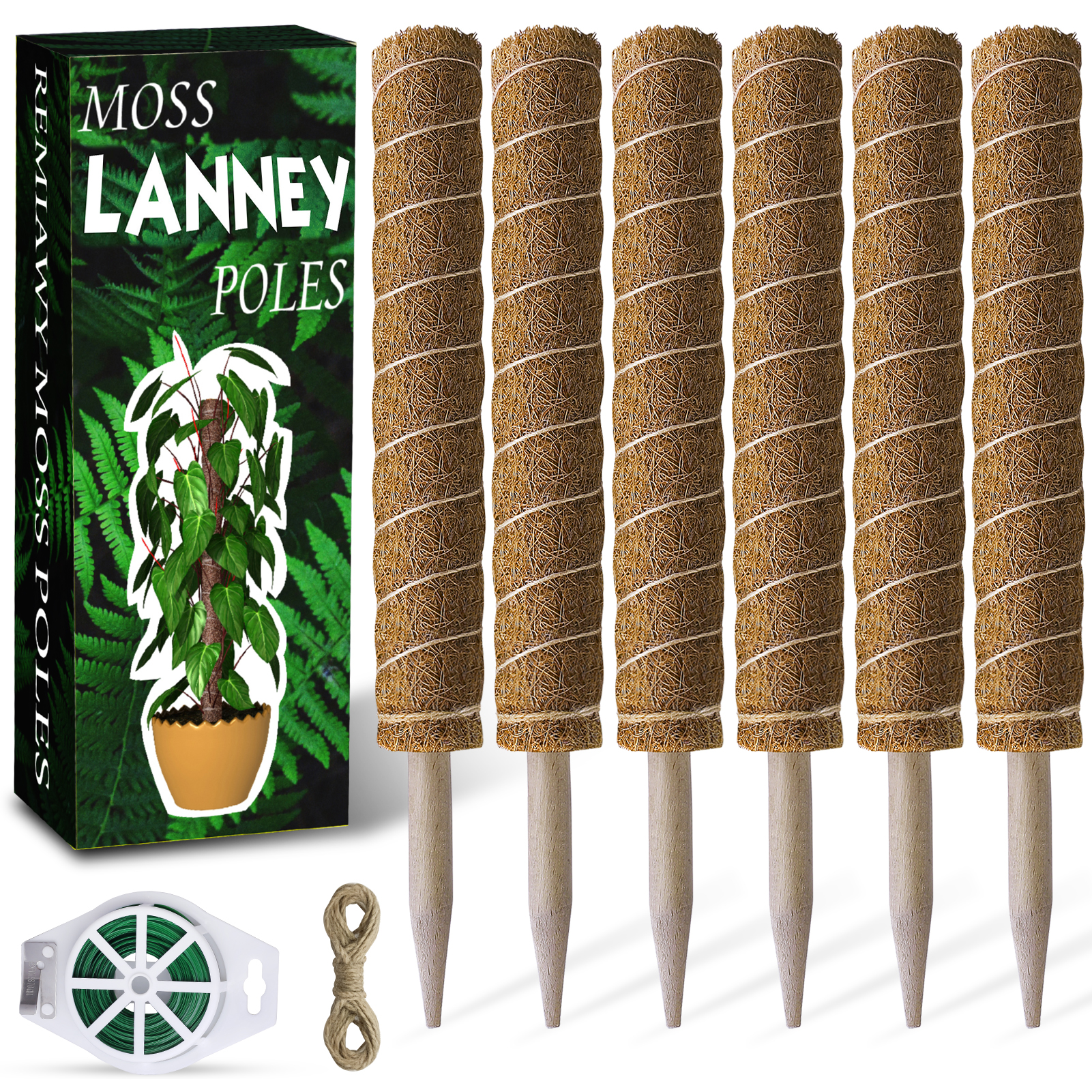 Moss Pole 68 Inch, 6 Pack Plant Moss Pole for Plants Monstera Pole, 15.6 Inch Coir Totem Pole for Climbing Plants Support Extension Indoor Moss Sticks with 65 Feet Garden Twist Tie
