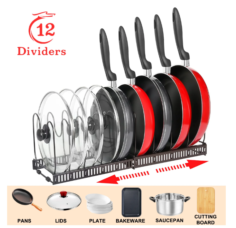 Pot Lid Organizer with 12 Adjustable Dividers, Expandable Metal Pots and Pans Organizer for Kitchen