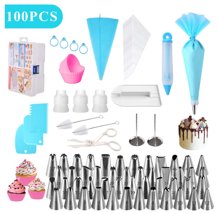 Piping Bags and Tips Set 100pcs, 12 Inch Frosting Piping Bags, Cake Decorating Kit with 48 Numbered Icing Tips, Reusable & Disposable Pastry Bags, Baking Supplies for Cookie Cupcake