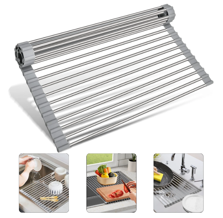 Roll Up Dish Drying Rack, Foldable 304 Stainless Steel Over The Sink Dish Drainer, Multipurpose Roll Up Sink Drying Rack Cover for Kitchen Sink Counter Storage, 18.7