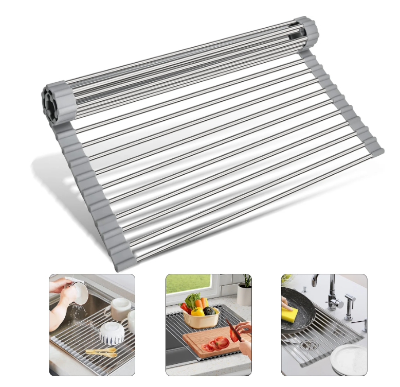 Roll Up Dish Drying Rack, Foldable 304 Stainless Steel Over The Sink Dish Drainer, Multipurpose Roll Up Sink Drying Rack Cover for Kitchen Sink Counter Storage, 18.7