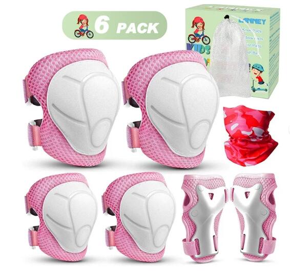 Lanney Kids Knee Pads and Elbow Pads Set, 3 in 1 Protective Gear Set for Outdoor Sports, Pink, White