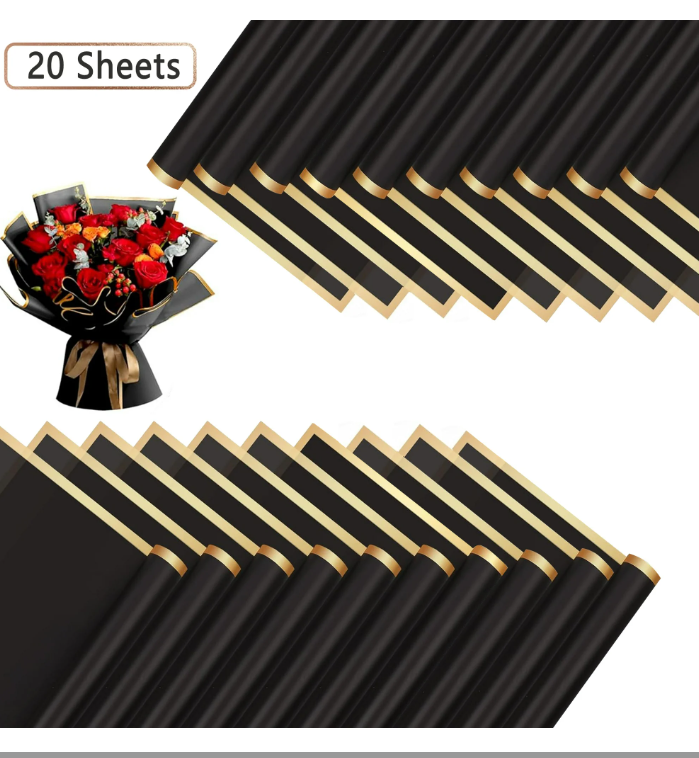 LANNEY 20 Sheets Flower Wrapping Paper, Waterproof Flower Bouquet Wrapping Paper Floral Gold Edge Wrapping Paper Florist Supplies for DIY Crafts Wedding Birthday (Black, 22.8''x22.8'')