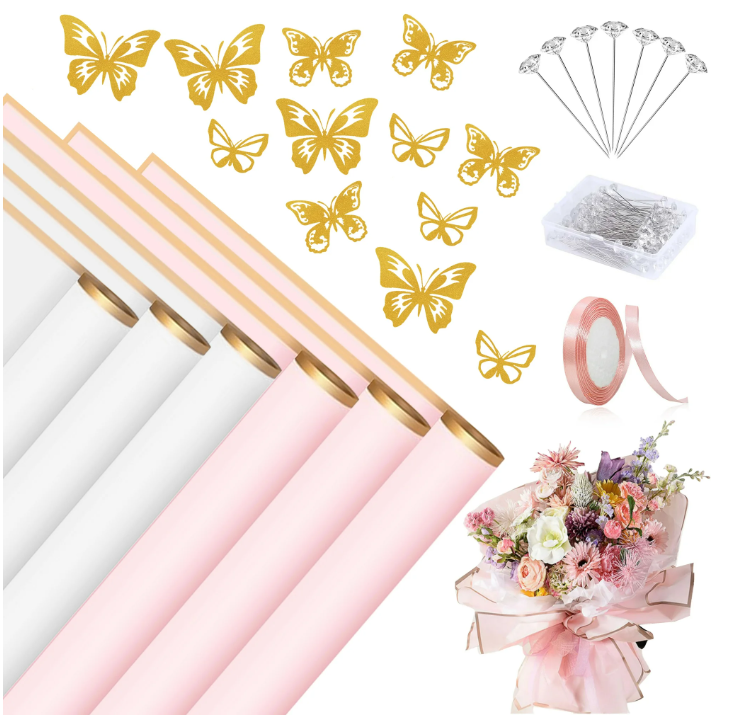 LANNEY 143 Pcs Flower Wrapping Paper Supplies, 30 Sheets Bouquet Wrapping Paper Waterproof Floral Wrapping Paper with 3D Gold Butterfly Decor Ribbon Pearl Pins for DIY Craft Birthday Graduatio