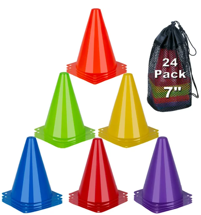 Sports Soccer Cones, 7'' Pack of 24, Plastic Safety Training Cone Colorful
