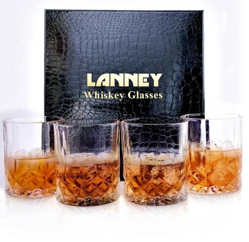 LANNEY Whiskey Glasses Set of 4, 11 oz Rocks Glasses for Men, Crystal Old Fashioned Whiskey Glass for Drinking Scotch Bourbon Cocktail